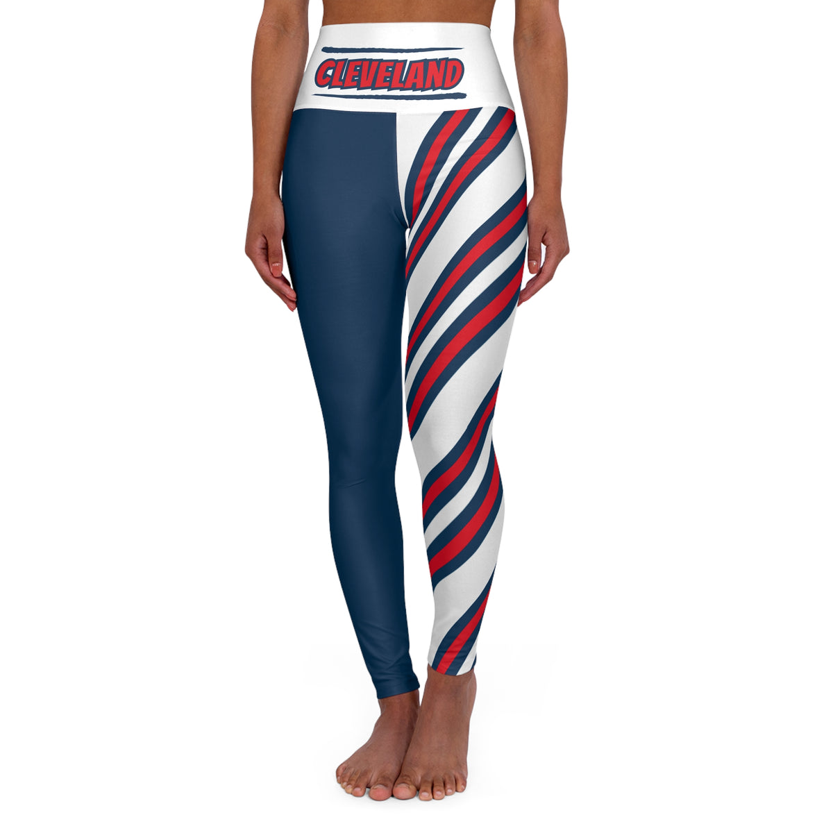 Red, white and blue striped High Waisted Yoga Leggings,  Cleveland baseball themed leggings, cute yoga pants, gift, patriotic leggings,