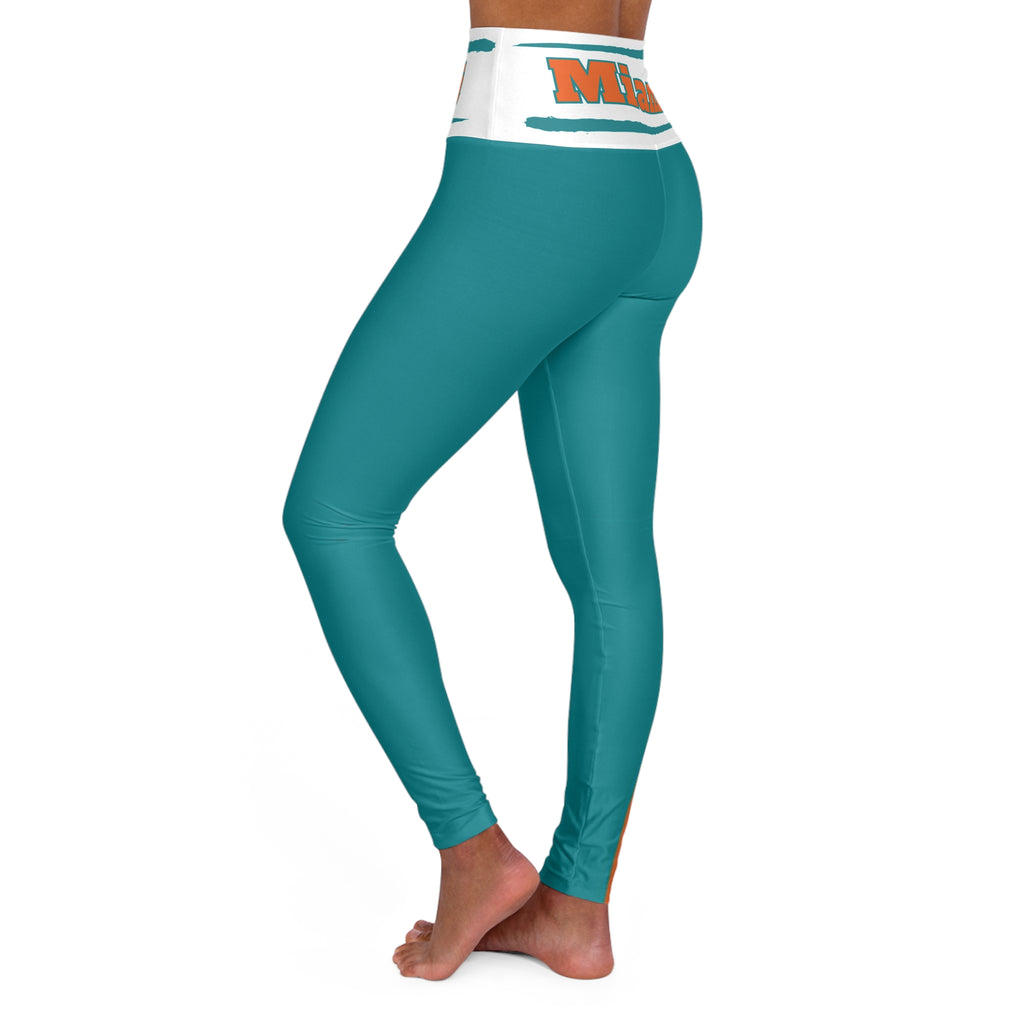Miami Football Themed High Waisted Yoga Leggings, Women's Miami Dolphins Fan Leggings, Gift for women, sports fan leggings, football game