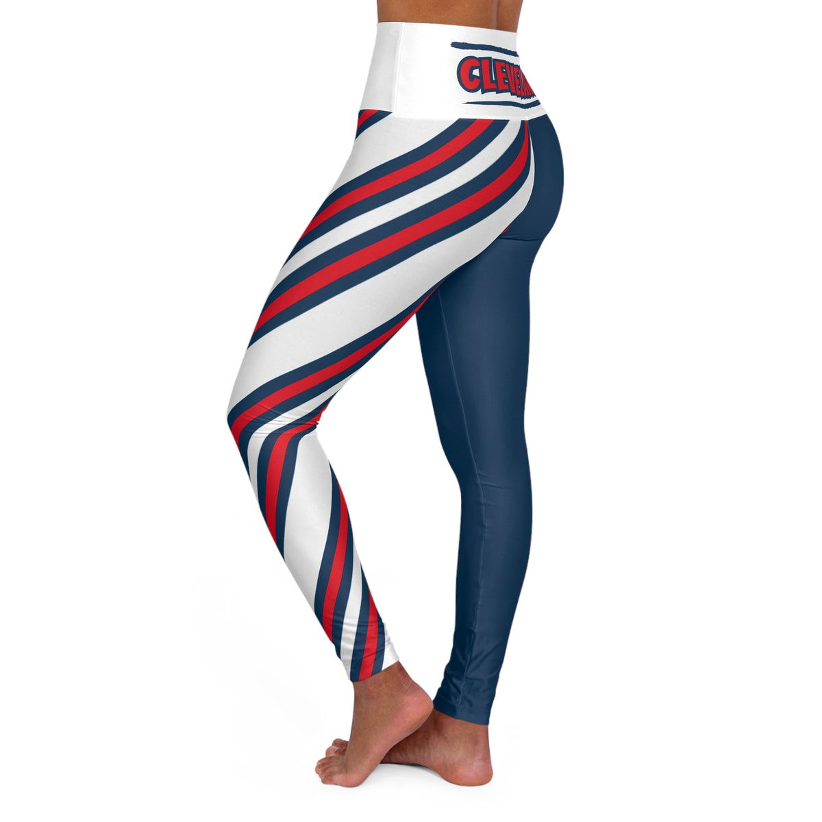 Red, white and blue striped High Waisted Yoga Leggings,  Cleveland baseball themed leggings, cute yoga pants, gift, patriotic leggings,