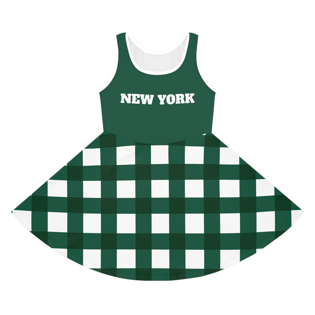 Girls New York themed dress, green and white plaid dress, matching outfits, sisters matching dress, picture dress, game day dress gift