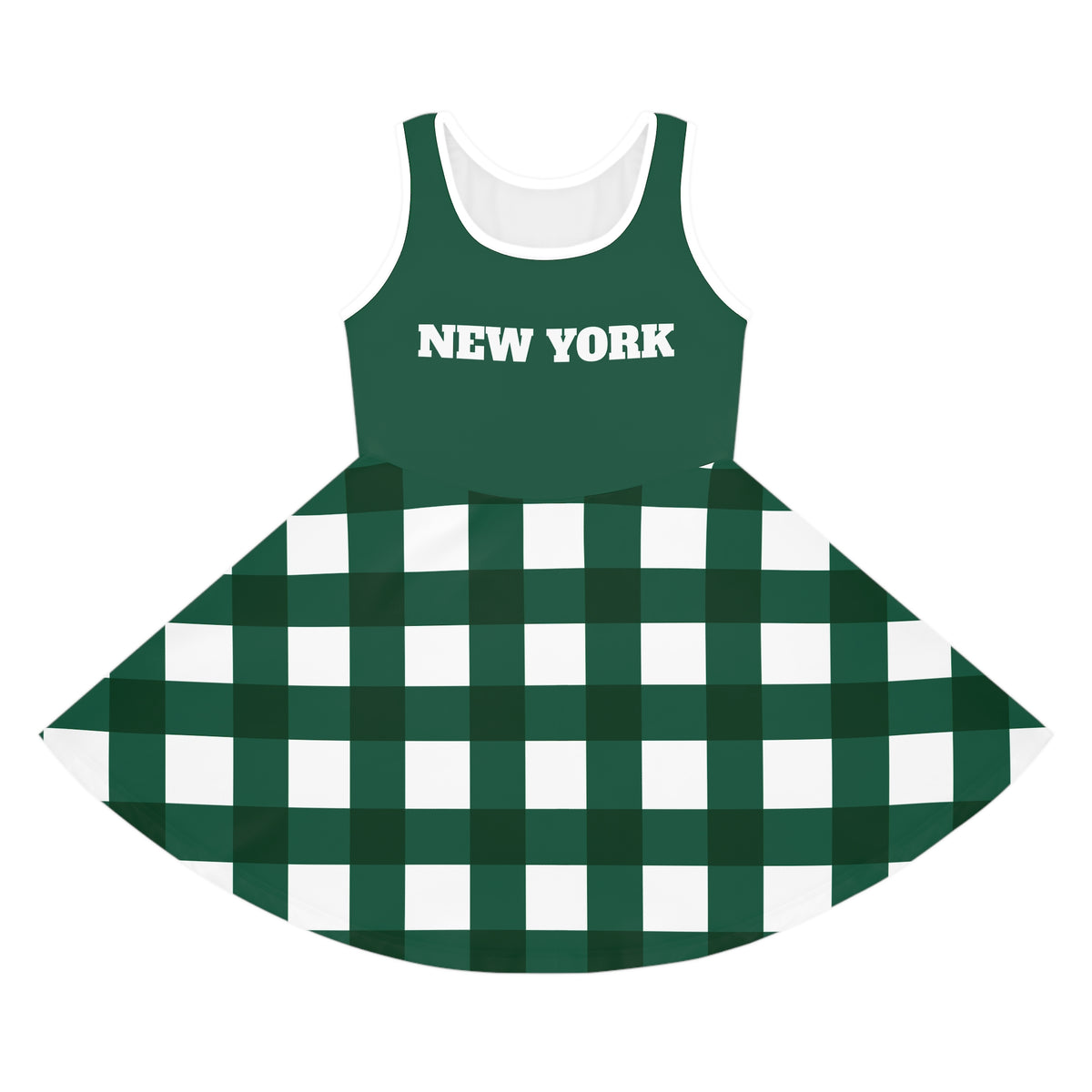 Girls New York themed dress, green and white plaid dress, matching outfits, sisters matching dress, picture dress, game day dress gift
