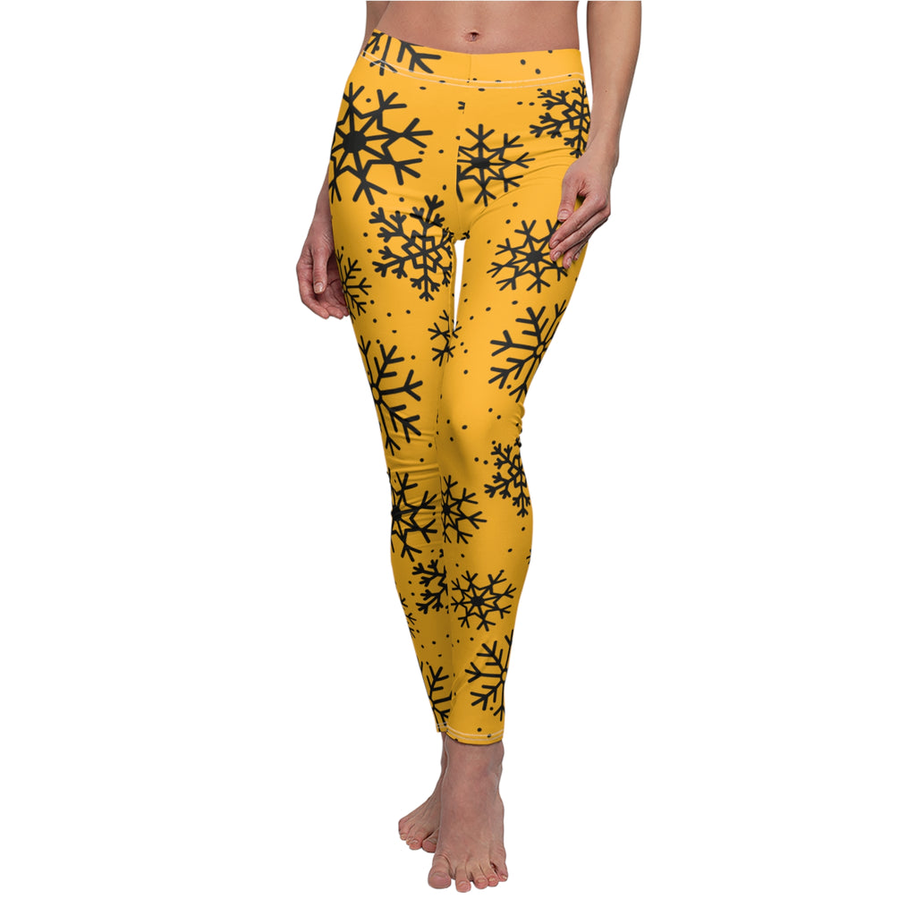 Black and Yellow Snowflake Pattern Leggings, Women's Leggings, Pittsburgh football themed leggings, festive pants, Christmas pants, gift