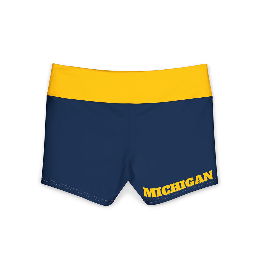 Michigan Yoga Shorts | Navy Blue with Yellow Waistband, blue and yellow shorts, michigan fan, football fan, college gear, alumni, gift