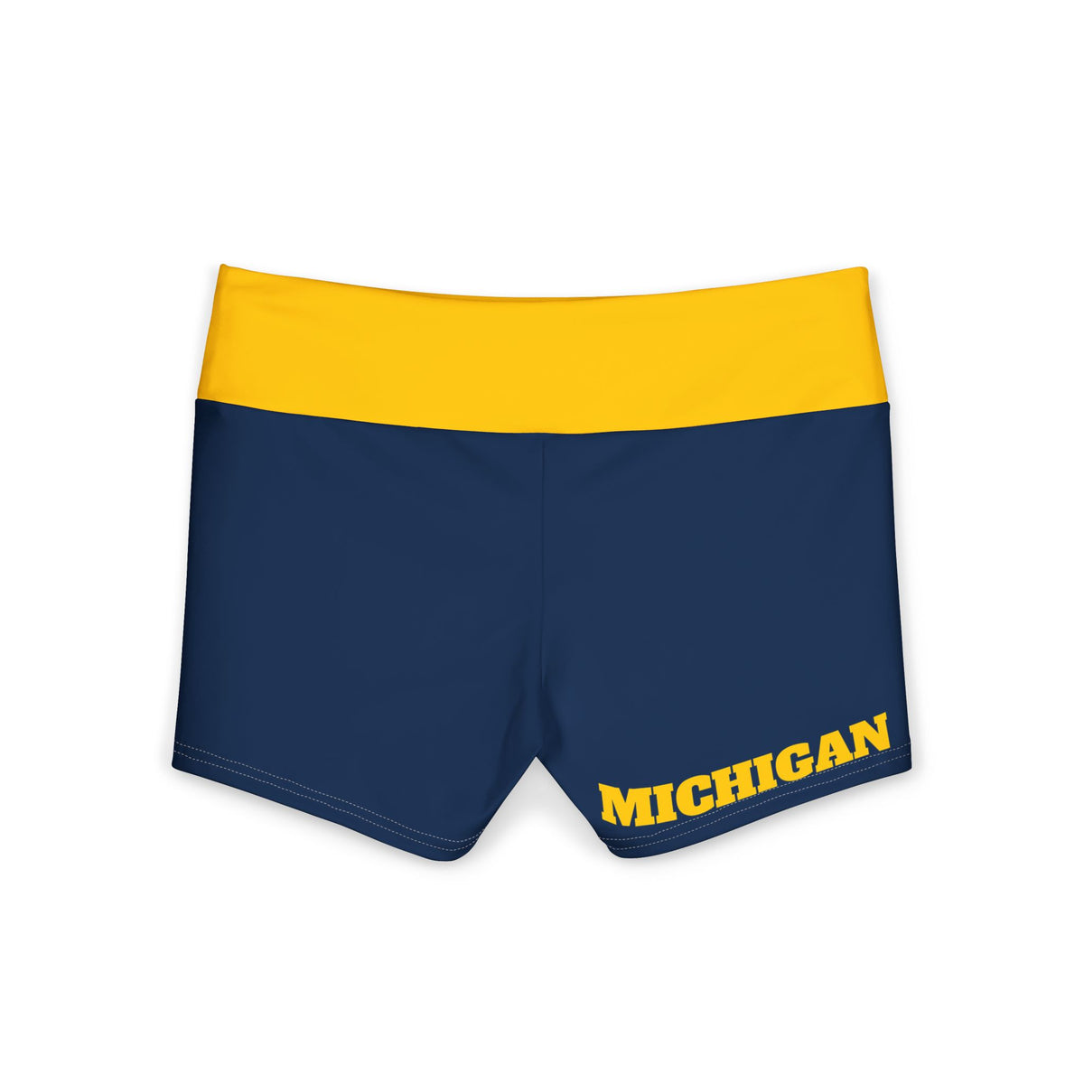 Michigan Yoga Shorts | Navy Blue with Yellow Waistband, blue and yellow shorts, michigan fan, football fan, college gear, alumni, gift