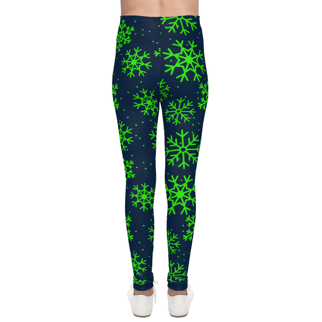 Blue and Action Green Snowflakes Youth Leggings, Seattle football themed holiday leggings, Christmas Leggings, Matching outfits, gift