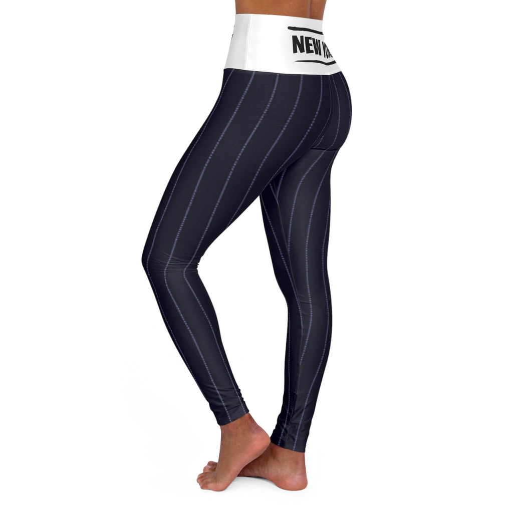 Black and white pinstriped Women's High Waisted Yoga Leggings, NY baseball themed,  vintage new york baseball leggings, cute yoga pants