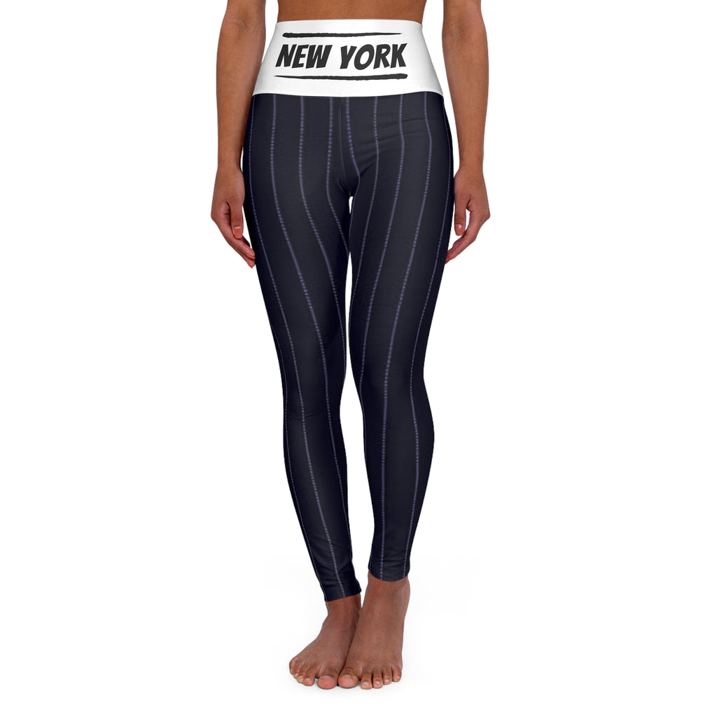 Black and white pinstriped Women's High Waisted Yoga Leggings, NY baseball themed,  vintage new york baseball leggings, cute yoga pants