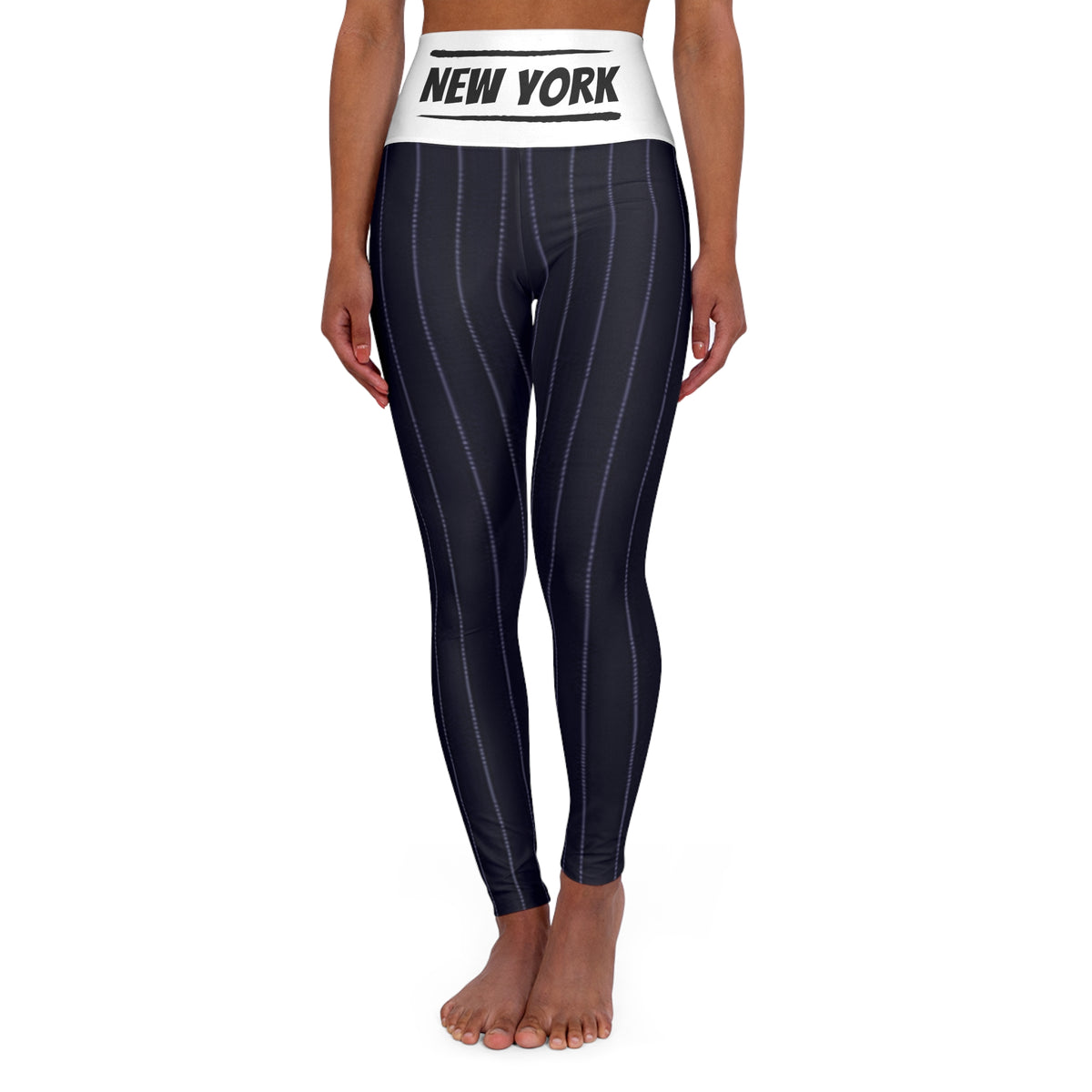 Black and white pinstriped Women's High Waisted Yoga Leggings, NY baseball themed,  vintage new york baseball leggings, cute yoga pants