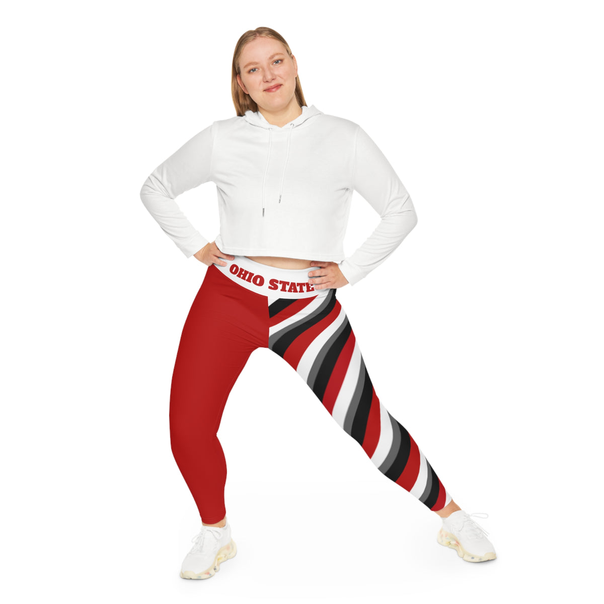 Red, Black, White and Grey Striped Plus Size Leggings, Ohio State Themed Leggings, Comfortable Plus Size Yoga Pants, Game Day Pants, Gift