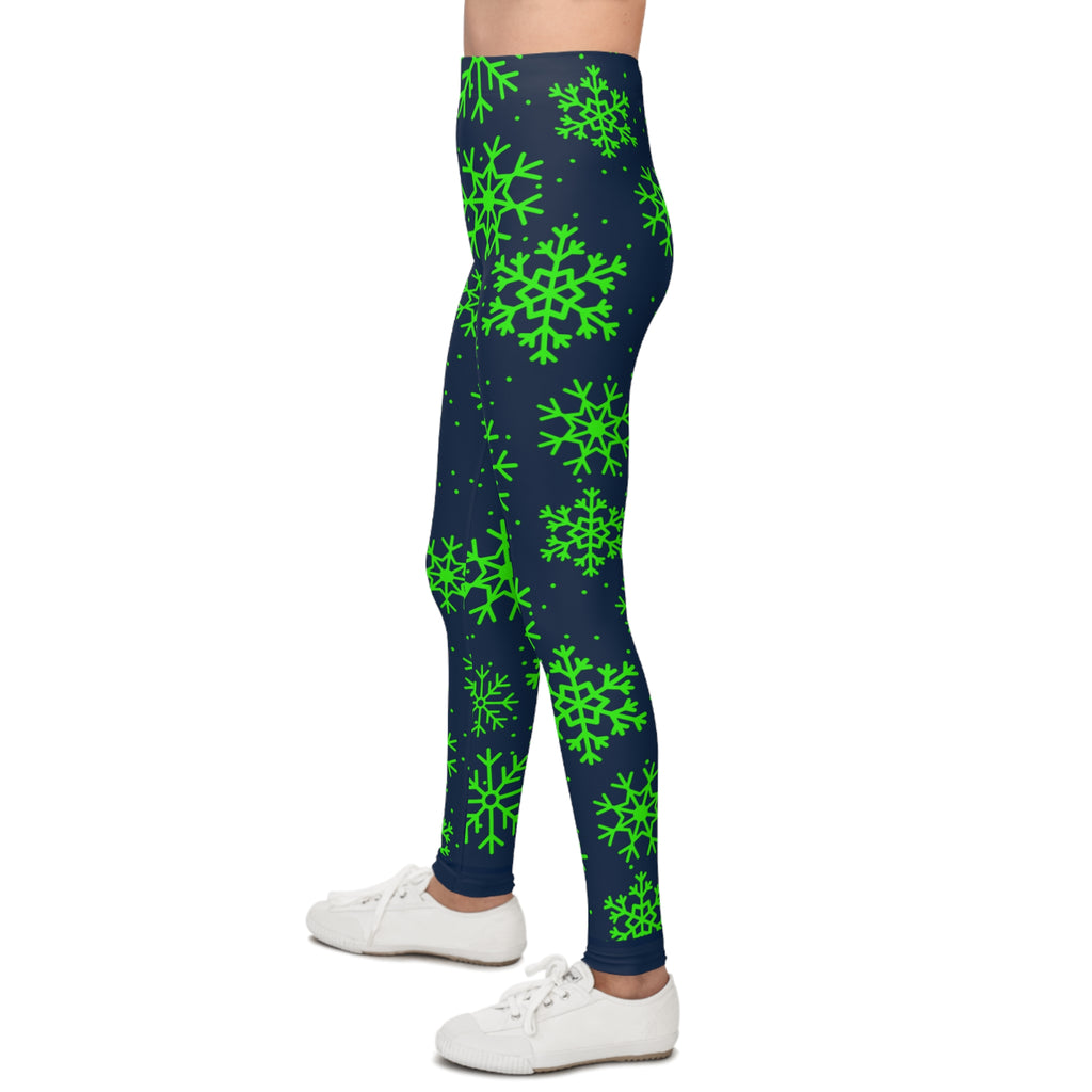 Blue and Action Green Snowflakes Youth Leggings, Seattle football themed holiday leggings, Christmas Leggings, Matching outfits, gift