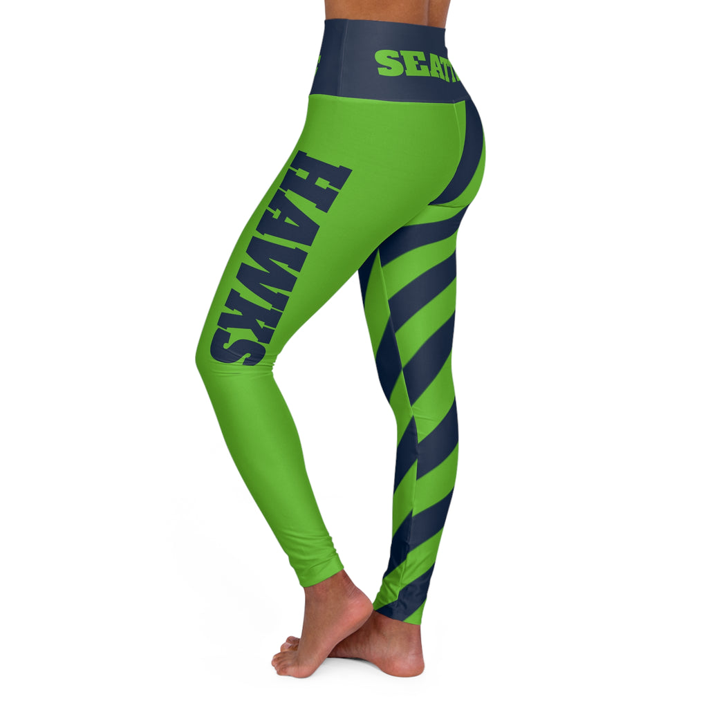 Seattle Football Themed Leggings, Striped High Waisted Yoga pants, Blue and Green leggings, game day, football fan gift, football leggings