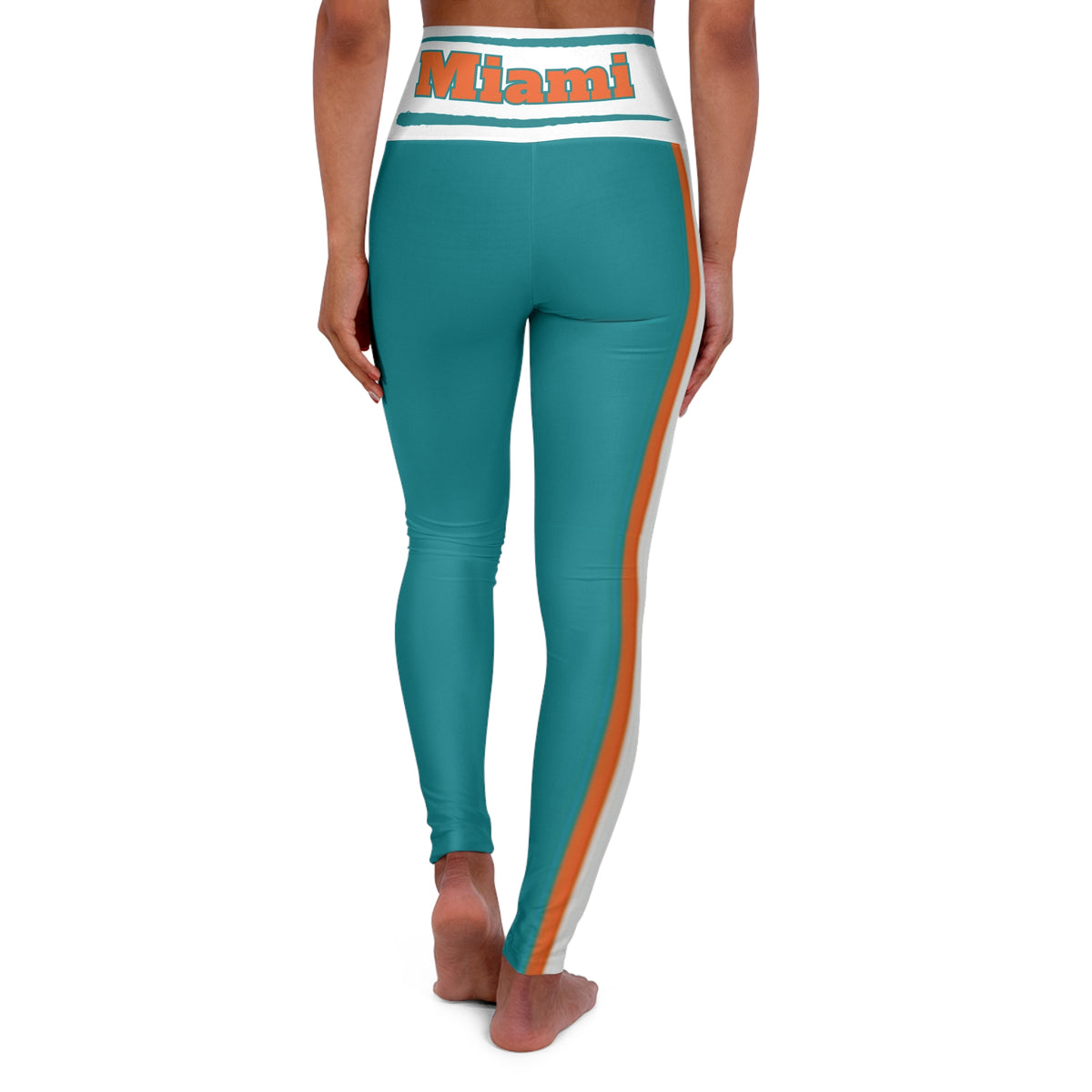 Miami Football Themed High Waisted Yoga Leggings, Women's Miami Dolphins Fan Leggings, Gift for women, sports fan leggings, football game