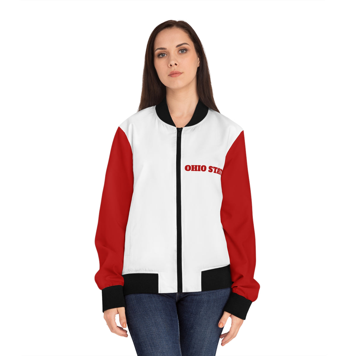 Red and White Women's Bomber Jacket, Game Day Jacket, Ohio State Themed, College Sports Fashion, Tailgating Outfit, Gift