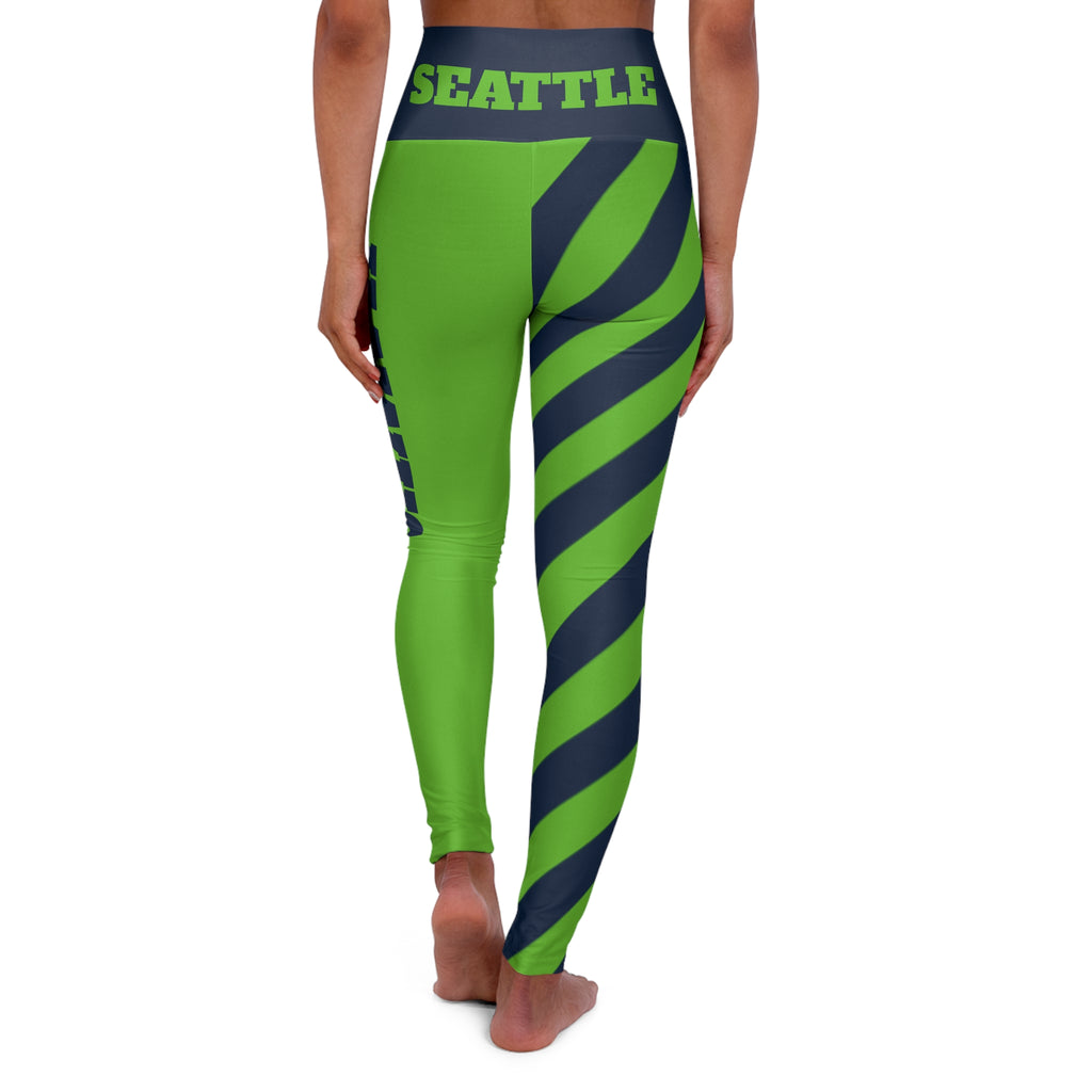 Seattle Football Themed Leggings, Striped High Waisted Yoga pants, Blue and Green leggings, game day, football fan gift, football leggings