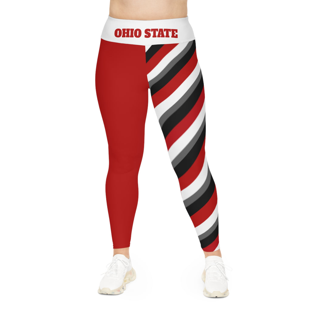 Red, Black, White and Grey Striped Plus Size Leggings, Ohio State Themed Leggings, Comfortable Plus Size Yoga Pants, Game Day Pants, Gift