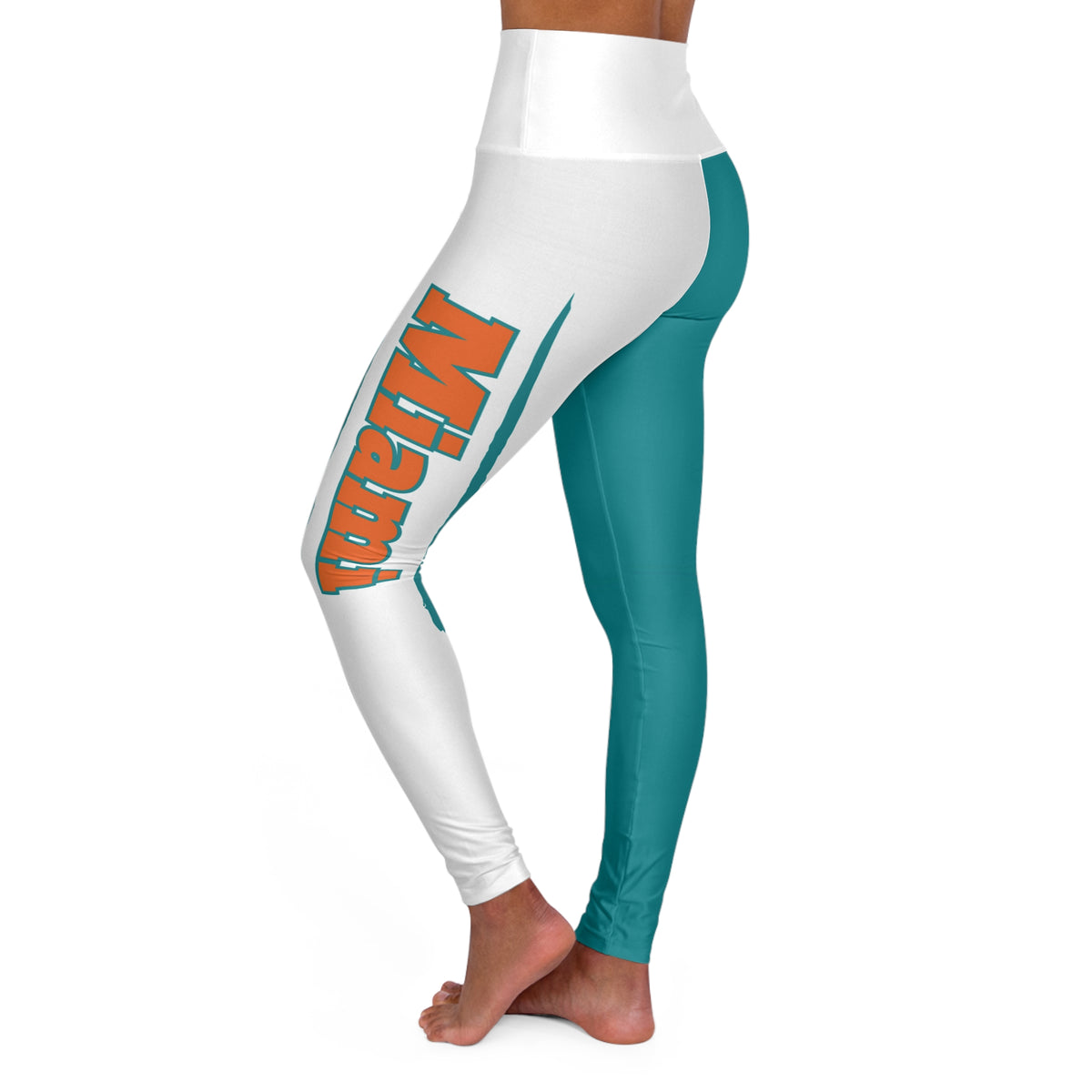 Miami Football Themed High Waisted Yoga Leggings, Dolphins Football Leggings,  Women's Leggings,  Cute Yoga Pants, Gift
