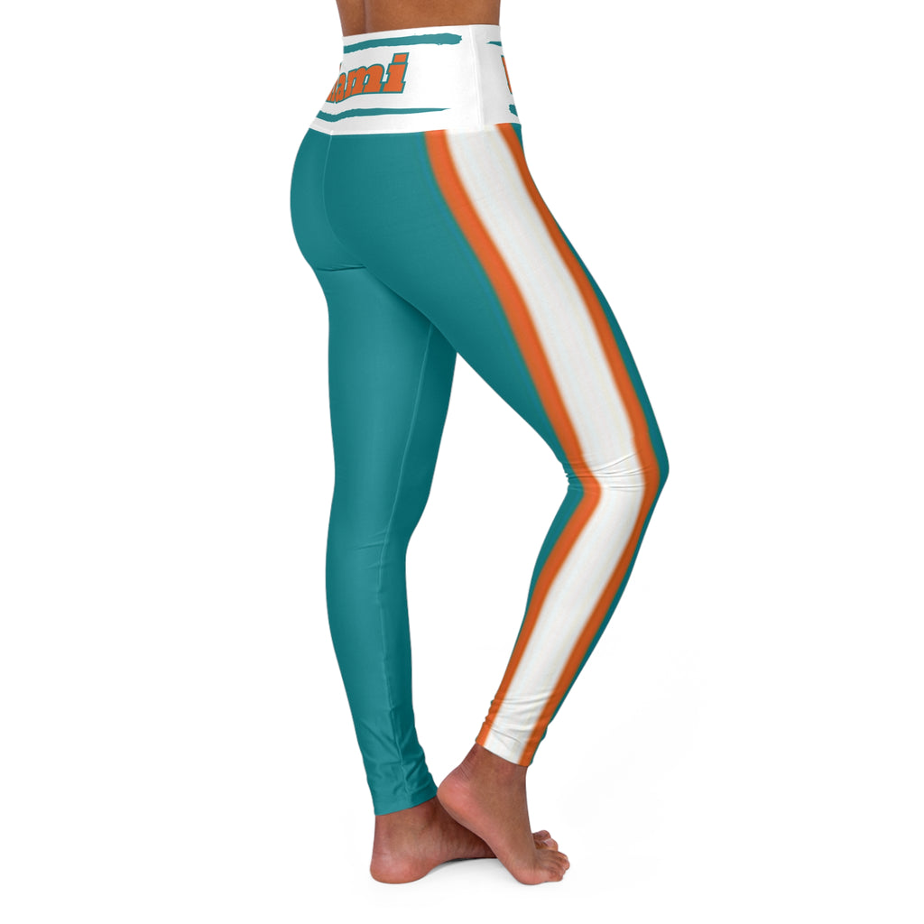 Miami Football Themed High Waisted Yoga Leggings, Women's Miami Dolphins Fan Leggings, Gift for women, sports fan leggings, football game