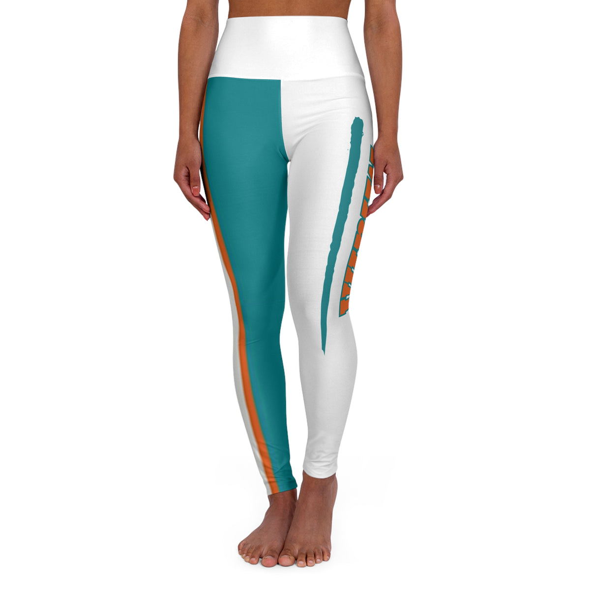 Miami Football Themed High Waisted Yoga Leggings, Dolphins Football Leggings,  Women's Leggings,  Cute Yoga Pants, Gift