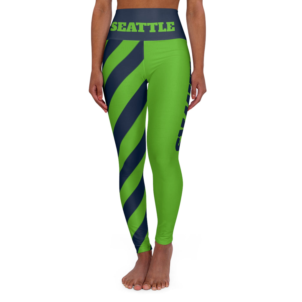 Seattle Football Themed Leggings, Striped High Waisted Yoga pants, Blue and Green leggings, game day, football fan gift, football leggings