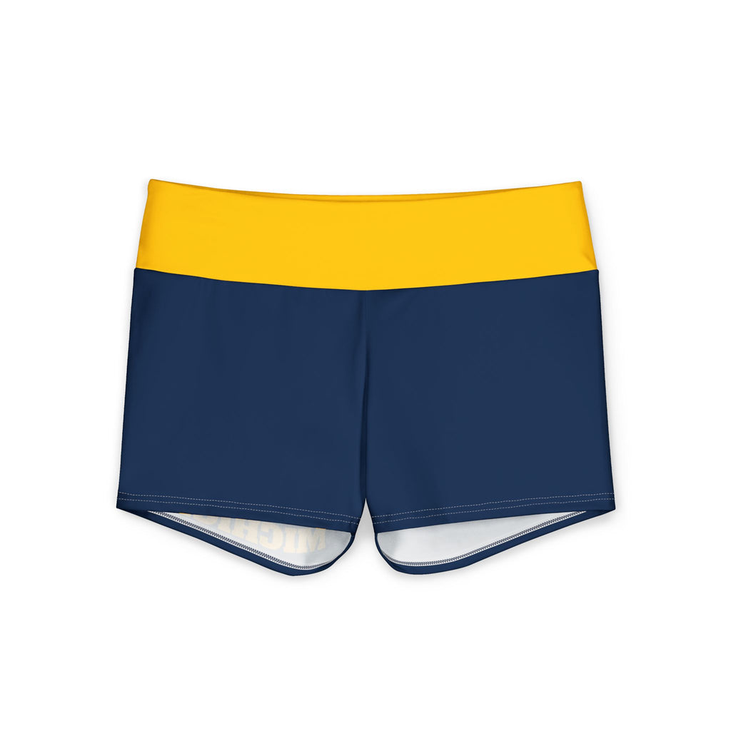 Michigan Yoga Shorts | Navy Blue with Yellow Waistband, blue and yellow shorts, michigan fan, football fan, college gear, alumni, gift