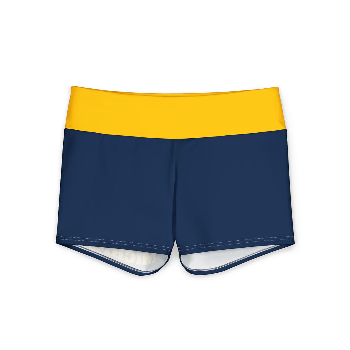 Michigan Yoga Shorts | Navy Blue with Yellow Waistband, blue and yellow shorts, michigan fan, football fan, college gear, alumni, gift