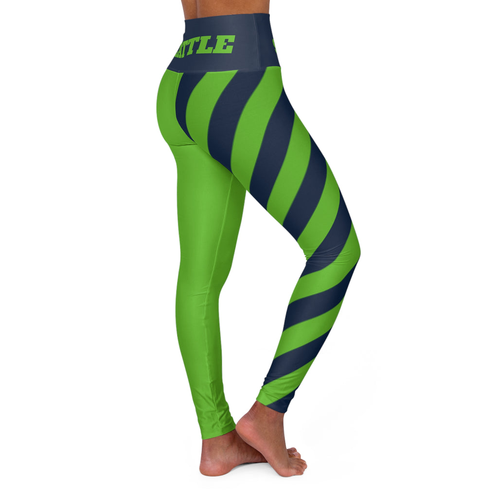 Seattle Football Themed Leggings, Striped High Waisted Yoga pants, Blue and Green leggings, game day, football fan gift, football leggings