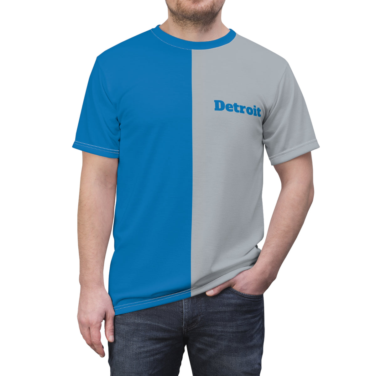 Detroit split color tee, Detroit football themed tee, Unisex shirt, football fan gear, matching outfit, Honolulu Blue, Detroit football