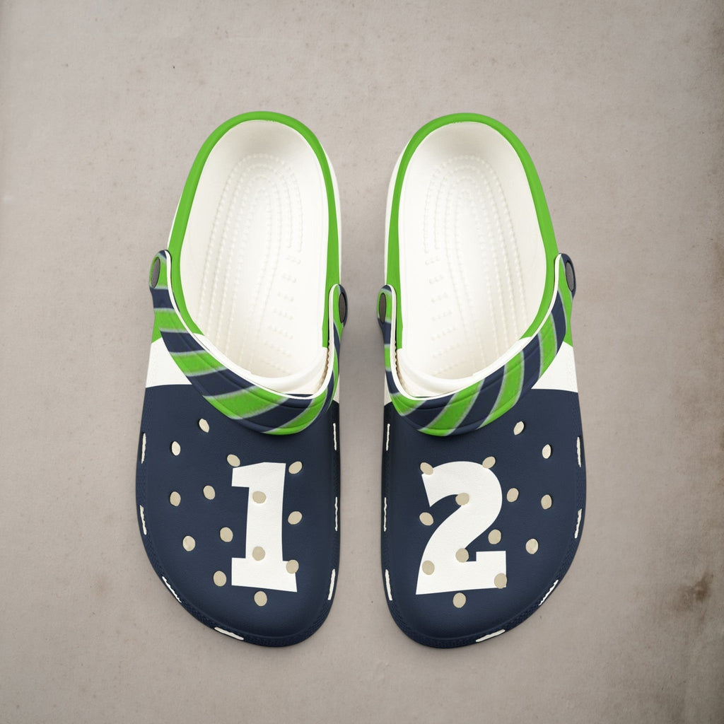 Wicked Crown Seattle Seahawks fan clogs in navy blue, neon green, and white with a bold 12 graphic and heel strap.