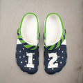 Wicked Crown Seattle Seahawks fan clogs in navy blue, neon green, and white with a bold 12 graphic and heel strap.
