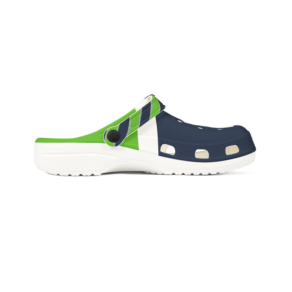 Wicked Crown Seattle Seahawks fan clogs in navy blue, neon green, and white with a striped heel strap.