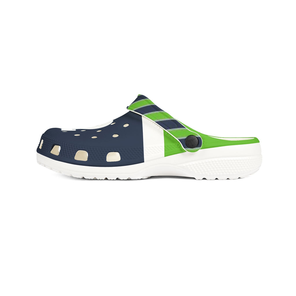 Wicked Crown Seattle football clogs in navy blue, neon green, and white with a striped heel strap and side view.