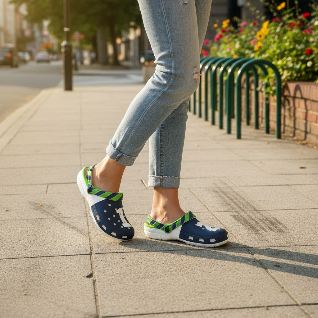 Wicked Crown Seattle Seahawks fan clogs in navy blue and neon green with a 12the Man graphic worn on a city sidewalk
