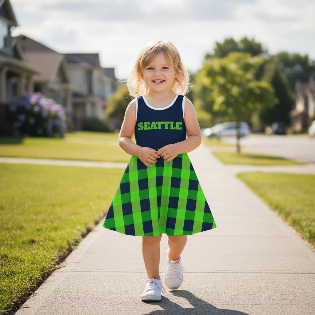 Wicked Crown girls' navy and lime green plaid football sundress with Seattle lettering worn by a smiling toddler.