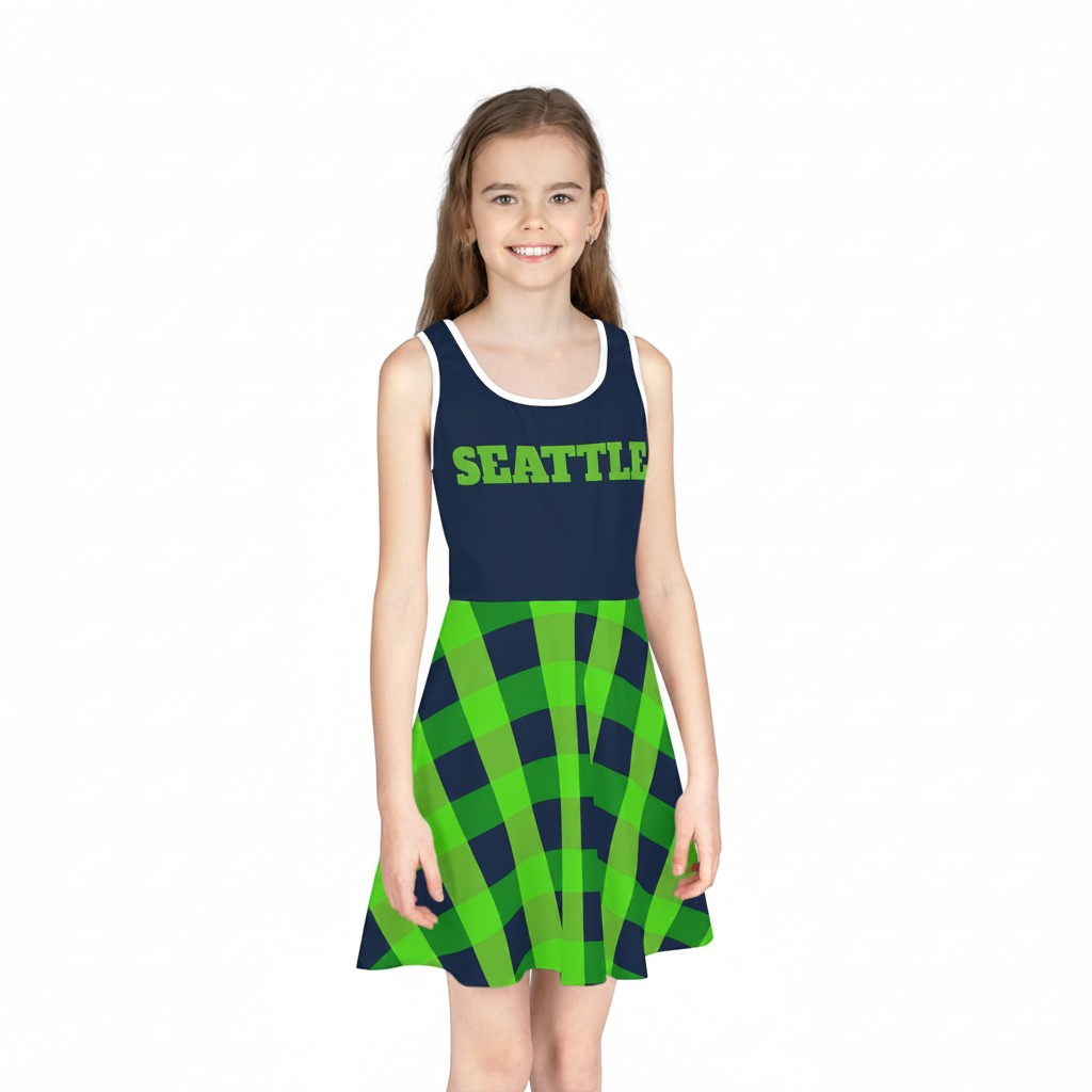 Young girl wearing a Wicked Crown navy and neon green Seattle Seahawks sleeveless dress with a plaid skirt
